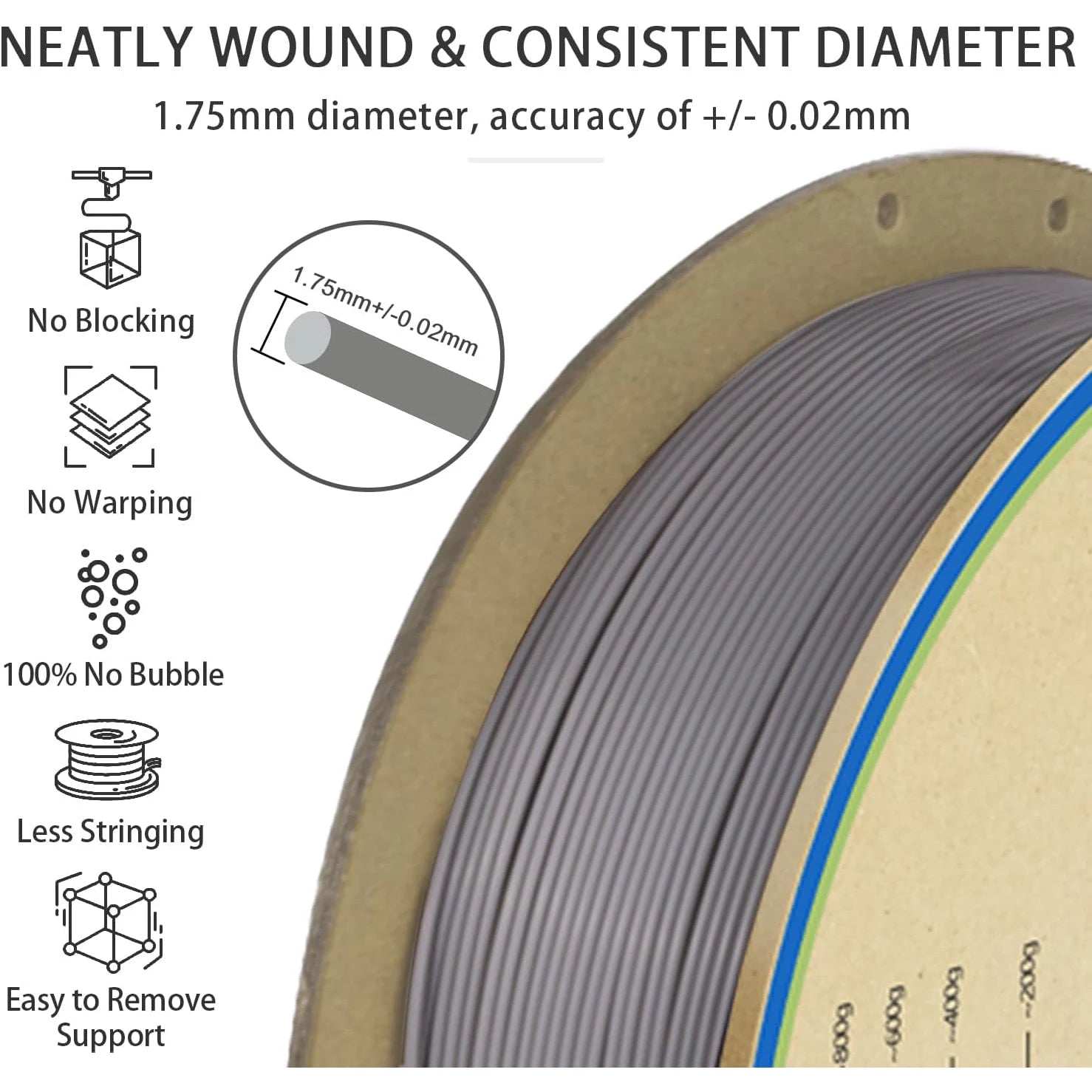 PLA+ 2.0 Filament 1.75mm – Tougher & Stronger, 1kg Spool (Gray)