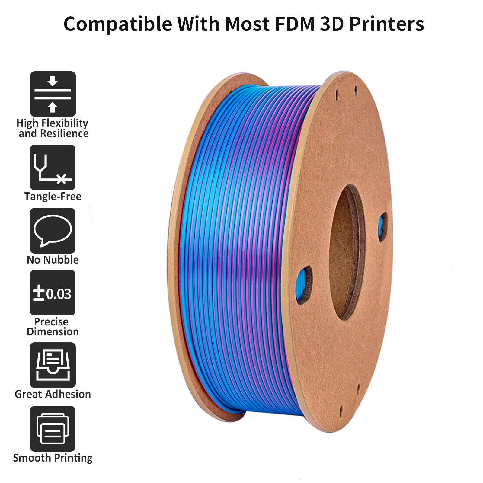 Silk PLA Filament 1.75mm – Tri-Color Set (Rose Red, Sky Blue, Green), 250g
