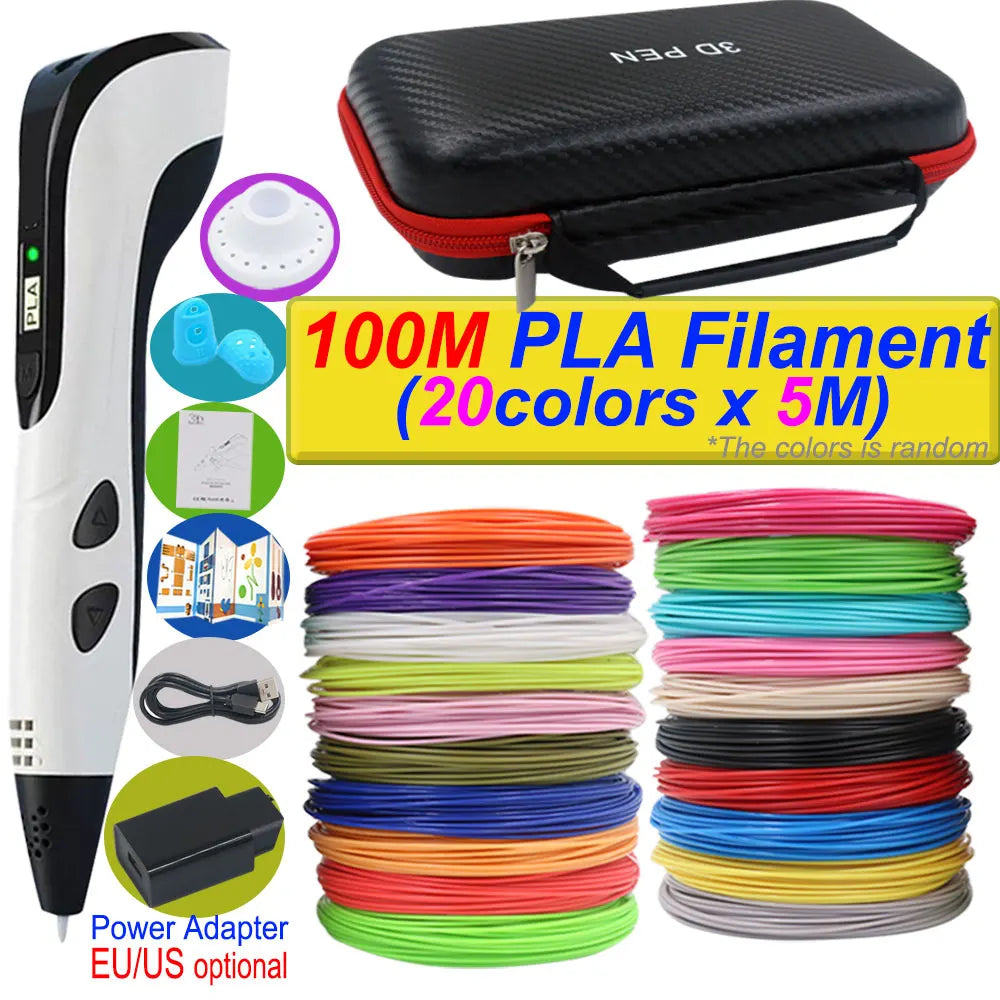 3D Printing Pen Deluxe Kit — LCD Screen, Power Adapter, Storage Box & PLA Filament