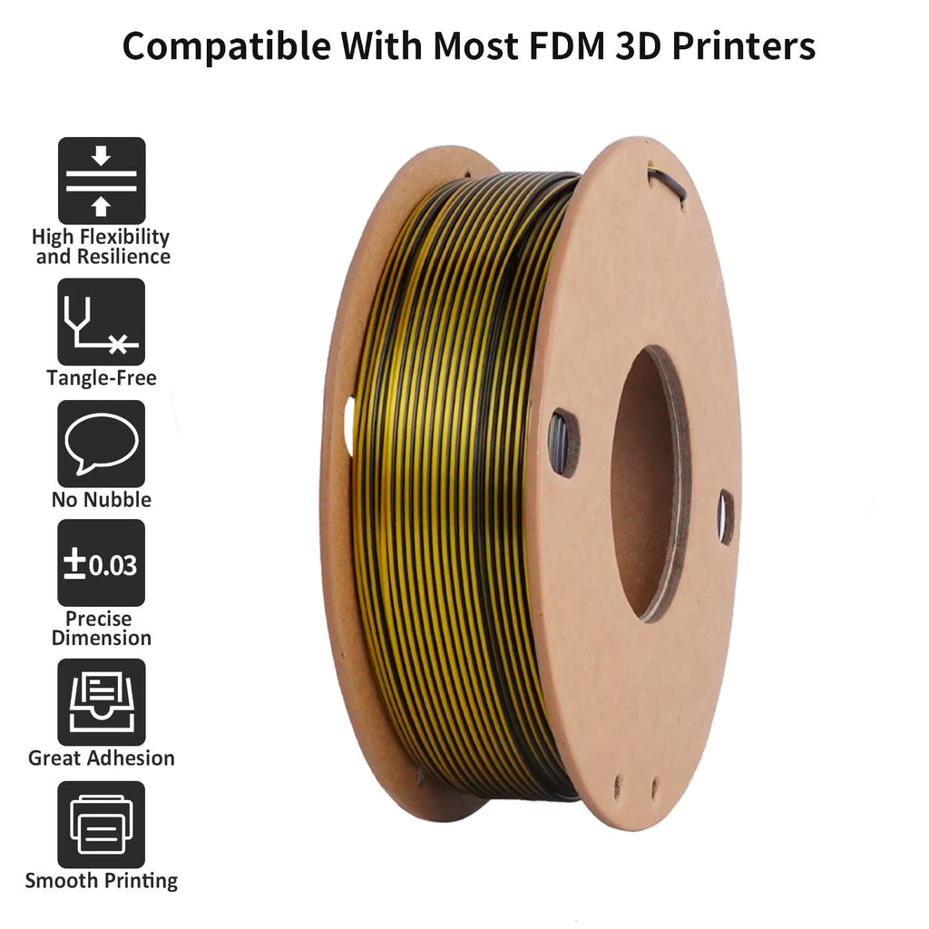 Dual-Color Silk PLA Filament 1.75mm – Black/Gold, 250g