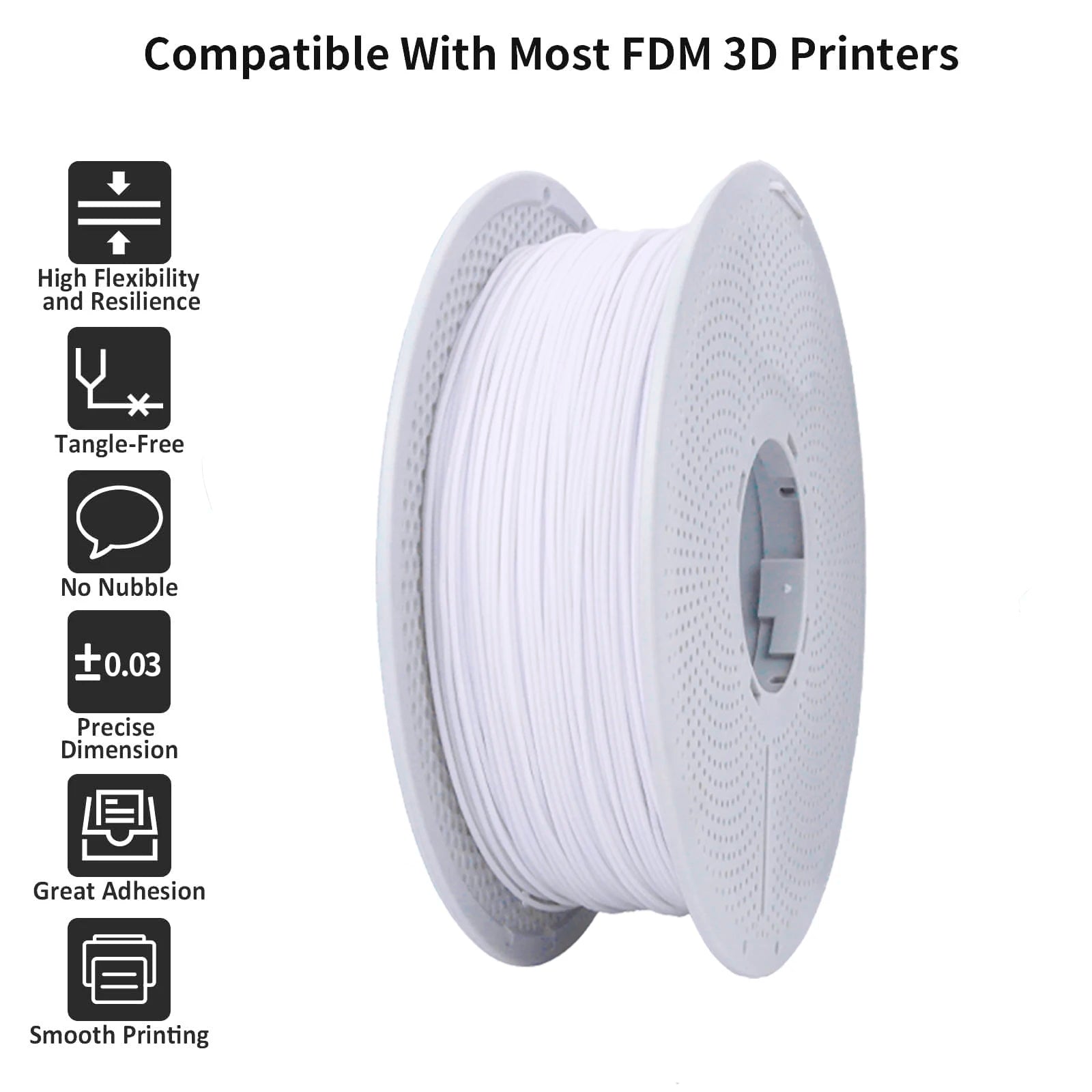 TPU Filament 1.75mm – 95A Flexible, 1kg Spool (White)