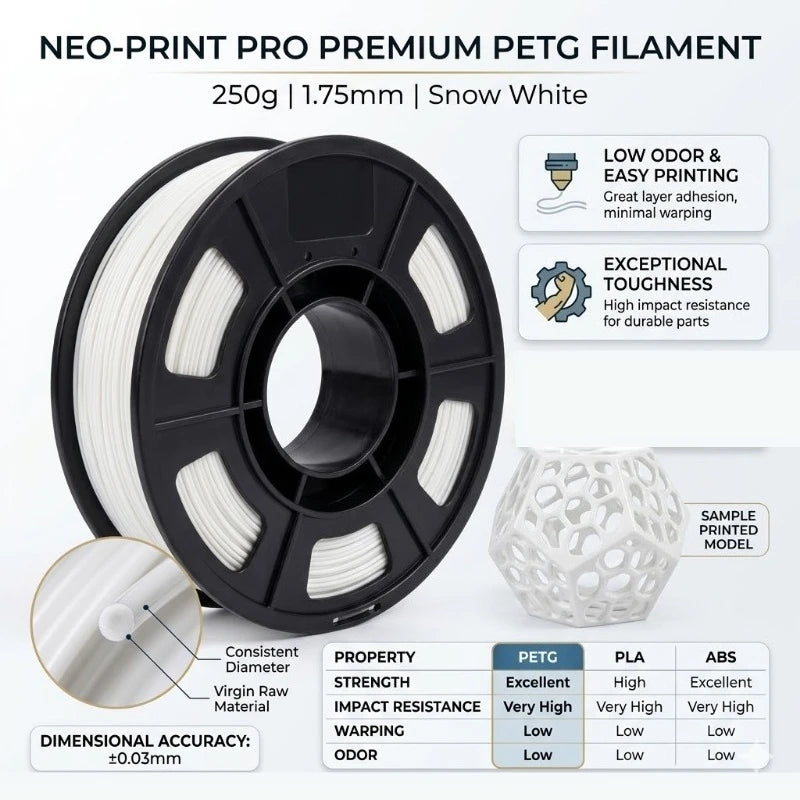 PETG Filament 1.75mm 250g – High Strength (White, Gray, Black, Pink, Clear, Skin)