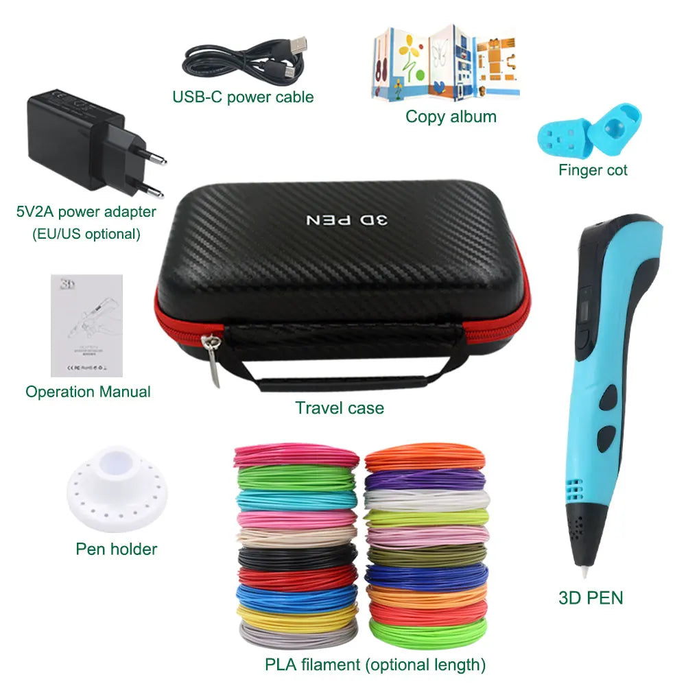 3D Printing Pen Deluxe Kit — LCD Screen, Power Adapter, Storage Box & PLA Filament
