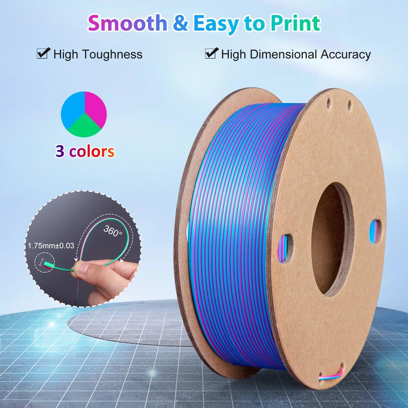 Tri-Color Silk PLA Filament 1.75mm – 3-in-1, 250g