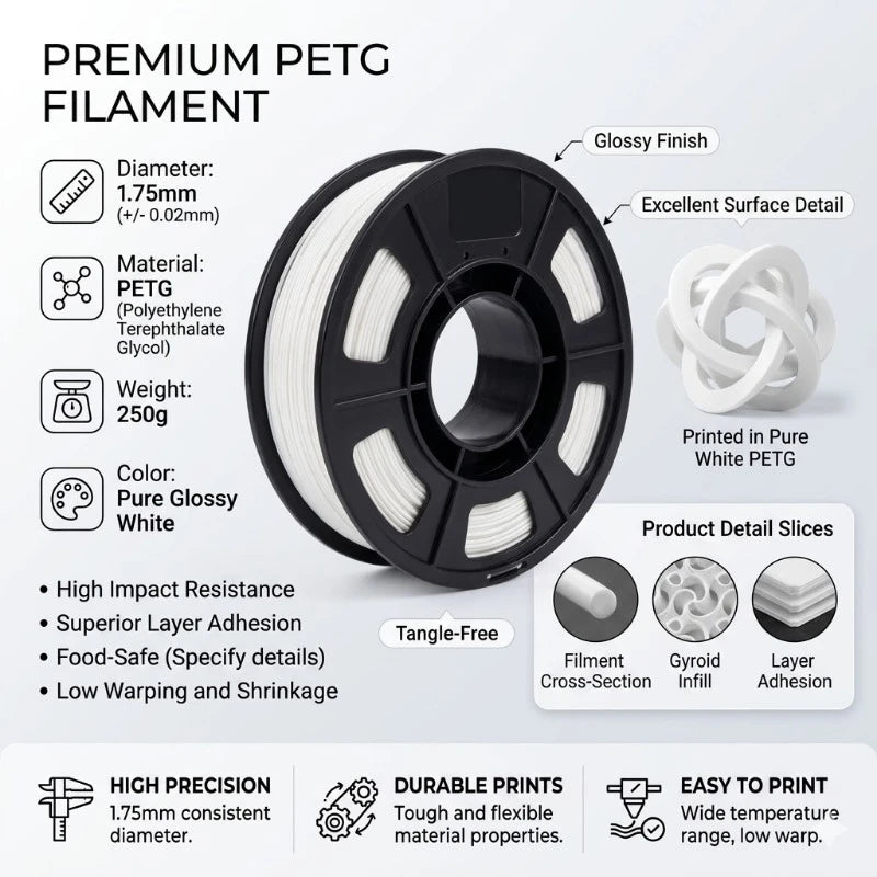 PETG Filament 1.75mm 250g – High Strength (White, Gray, Black, Pink, Clear, Skin)