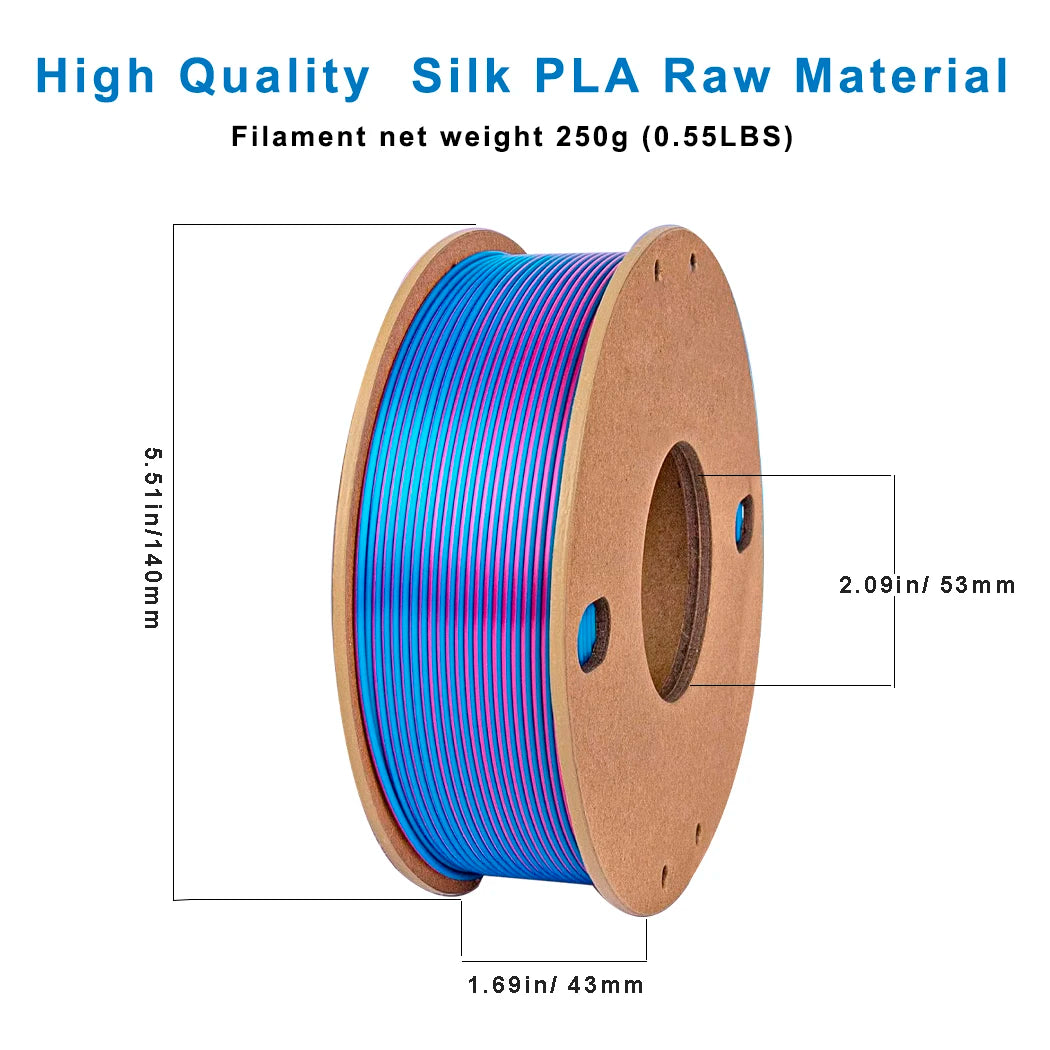 Silk PLA Filament 1.75mm – Tri-Color Set (Rose Red, Sky Blue, Green), 250g