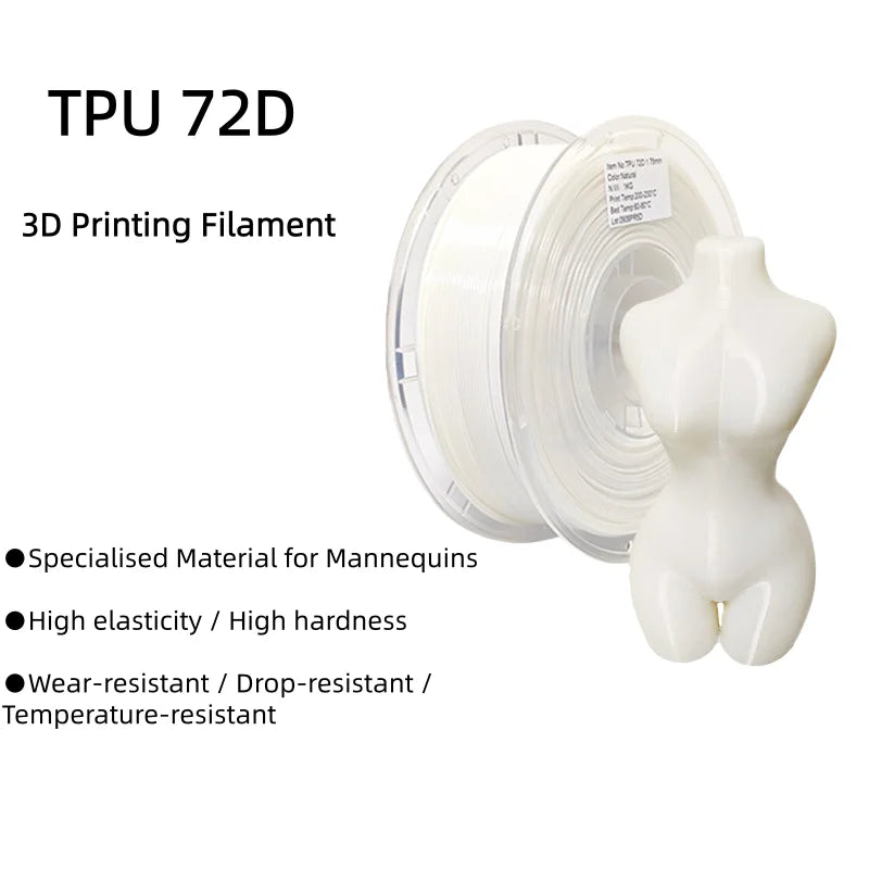 TPU Filament 1.75mm – 72D Semi-Rigid, 1kg Spool (Natural)